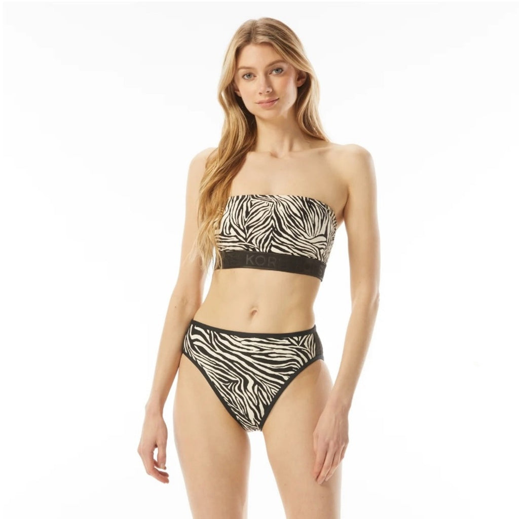Michael Kors Logo Zip Back Bandeau Bikini Set • Zebra Print • Size Medium • NWT
