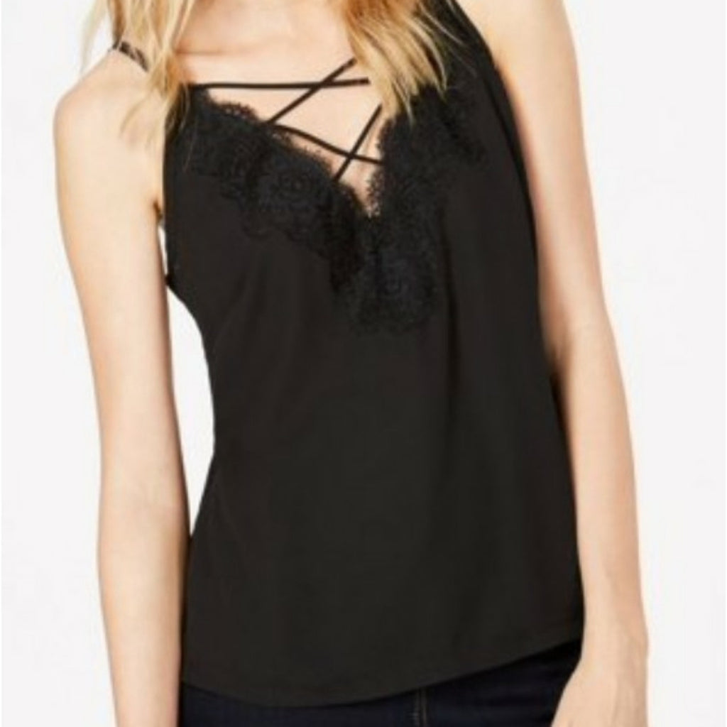 Bar III Criss-Cross Lace Trim Satin Cami • Black • Size XS • NWT