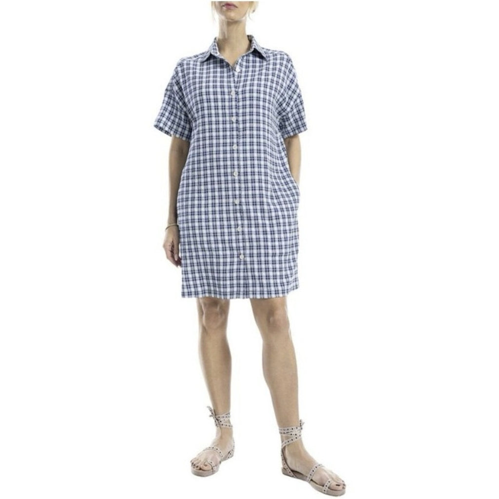 NWT Max Studio London Navy Check Plaid Button-Down Dress • Size Large