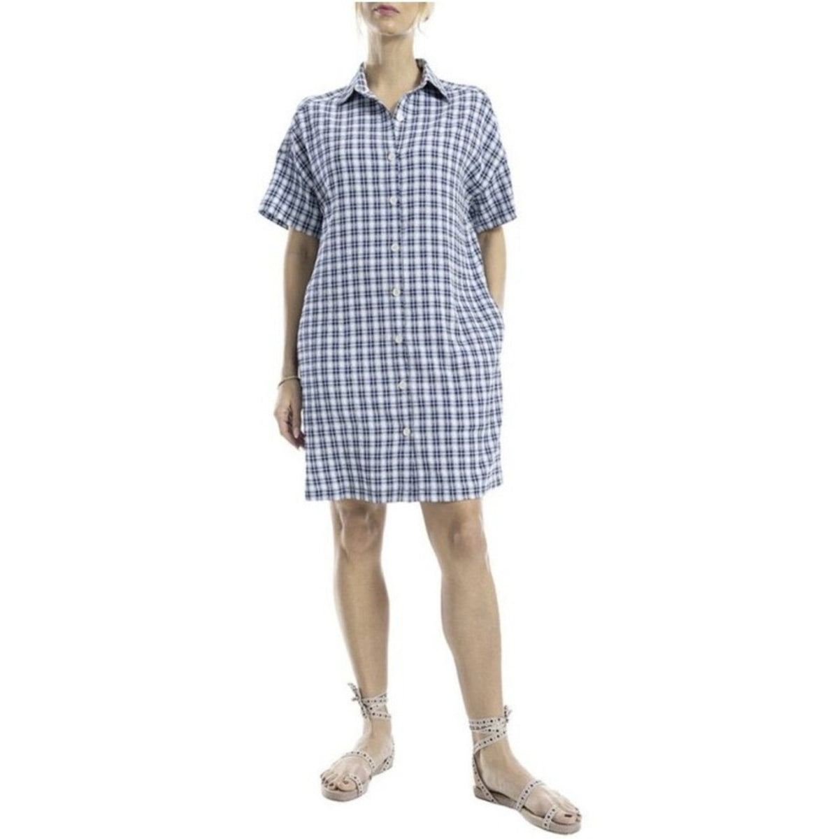 NWT Max Studio London Navy Check Plaid Button-Down Dress • Size Large