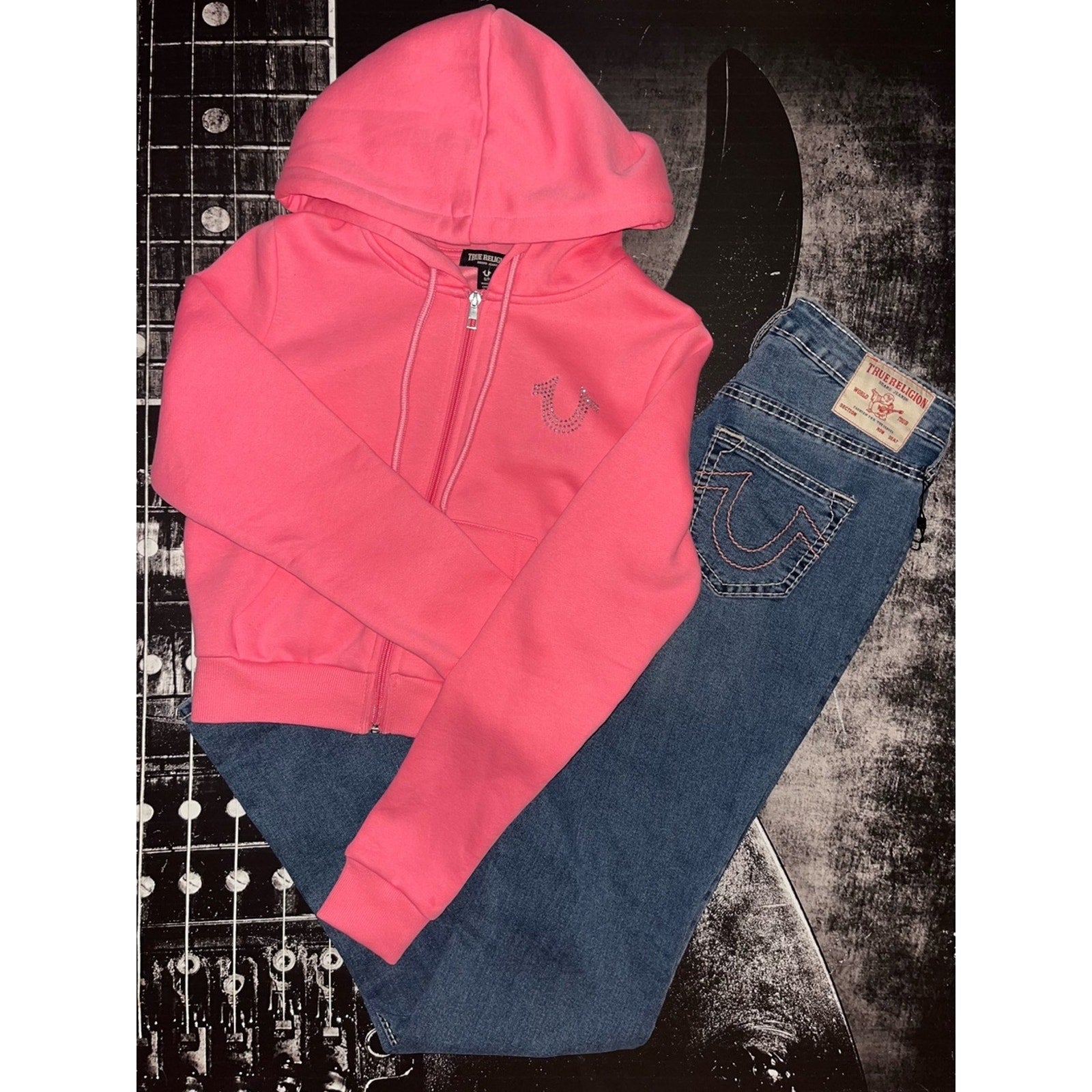 True Religion 2-Piece Outfit | Pink Rhinestone Zip Hoodie (M) + Bootcut Jeans (29) | New