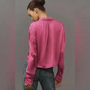 NWT Anthropologie Pilcro Crop Satin Button-Down Blouse • Purple • Size Medium
