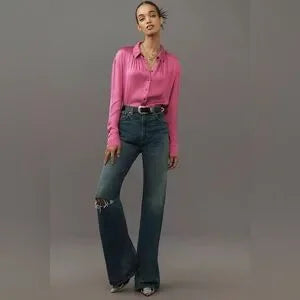 NWT Anthropologie Pilcro Crop Satin Button-Down Blouse • Purple • Size Medium