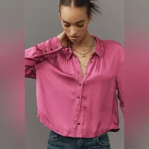NWT Anthropologie Pilcro Crop Satin Button-Down Blouse • Purple • Size Medium