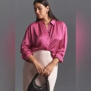 NWT Anthropologie Pilcro Crop Satin Button-Down Blouse • Purple • Size Medium