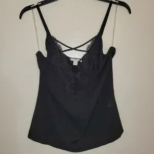 Bar III Criss-Cross Lace Trim Satin Cami • Black • Size XS • NWT