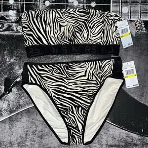 Michael Kors Logo Zip Back Bandeau Bikini Set • Zebra Print • Size Medium • NWT