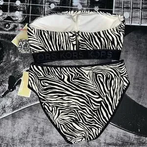 Michael Kors Logo Zip Back Bandeau Bikini Set • Zebra Print • Size Medium • NWT