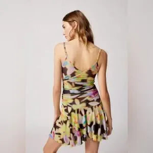 NWT Silence + Noise Mesh Ruffle Mini Dress • Black Multi Print • Size Large