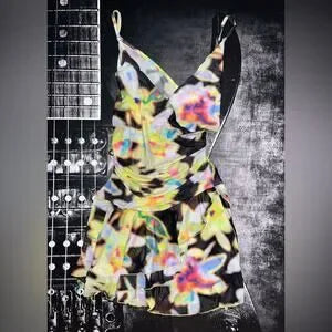 NWT Silence + Noise Mesh Ruffle Mini Dress • Black Multi Print • Size Large