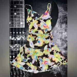 NWT Silence + Noise Mesh Ruffle Mini Dress • Black Multi Print • Size Large