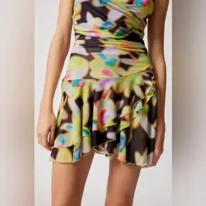 NWT Silence + Noise Mesh Ruffle Mini Dress • Black Multi Print • Size Large