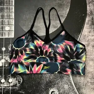 Reebok ID Train AOP Sports Bra • Black/Multicolor Print • Size XL • NWT